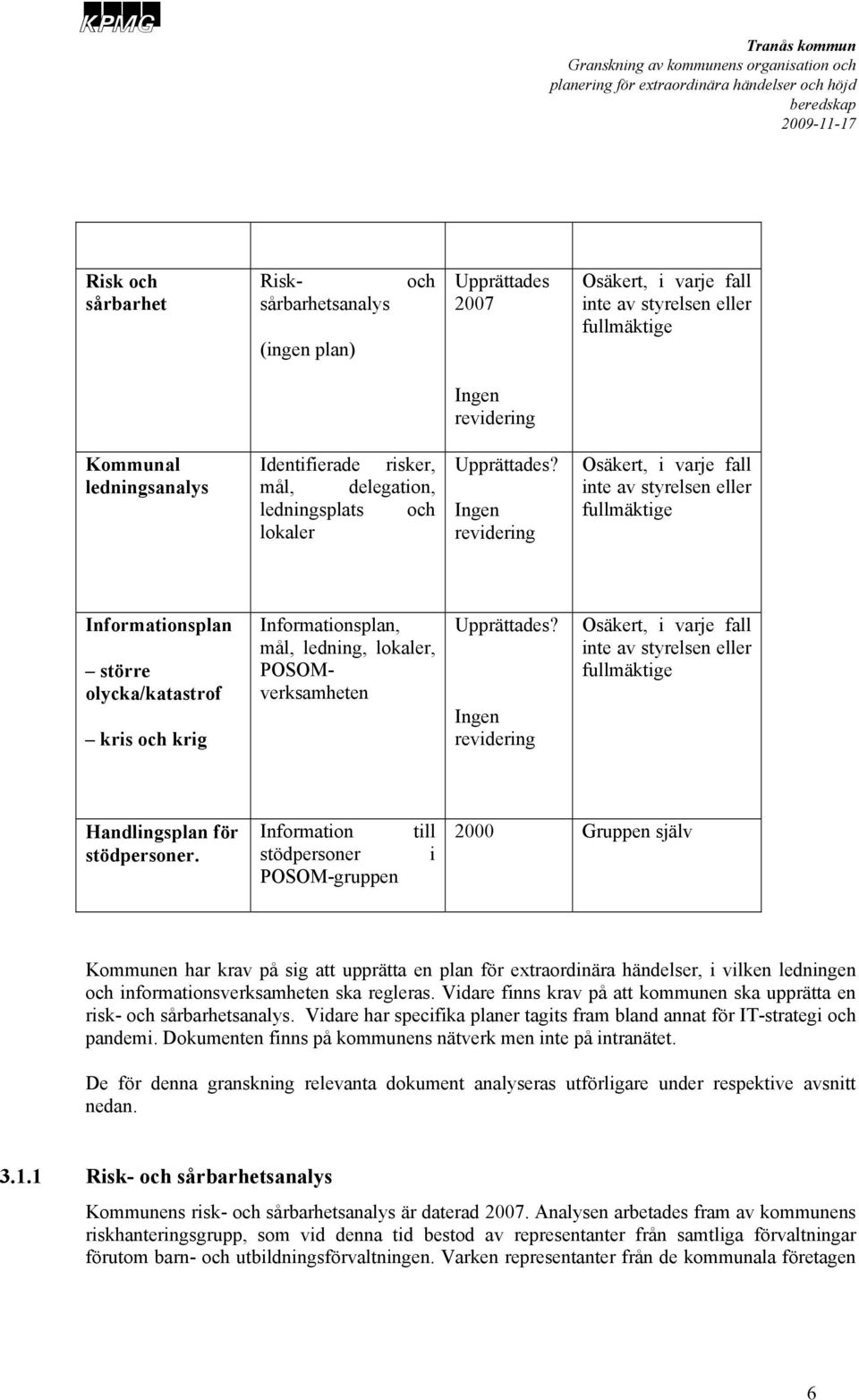 Ingen revidering Osäkert, i varje fall inte av styrelsen eller fullmäktige Informationsplan större olycka/katastrof kris och krig Informationsplan, mål, ledning, lokaler, POSOMverksamheten