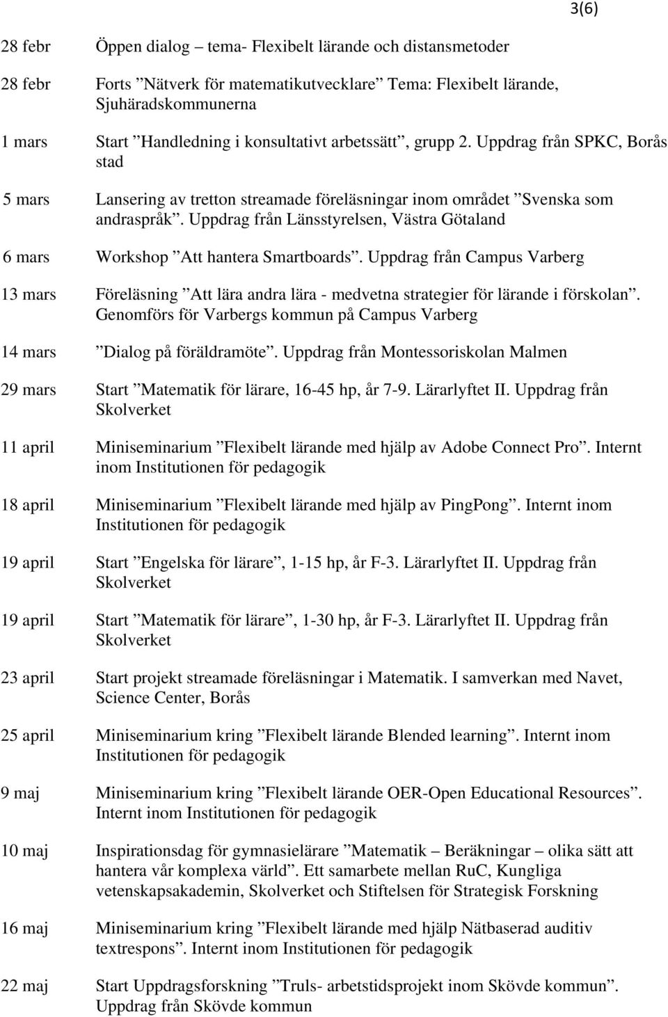 Uppdrag från Länsstyrelsen, Västra Götaland 6 mars Workshop Att hantera Smartboards. Uppdrag från Campus Varberg 13 mars Föreläsning Att lära andra lära - medvetna strategier för lärande i förskolan.