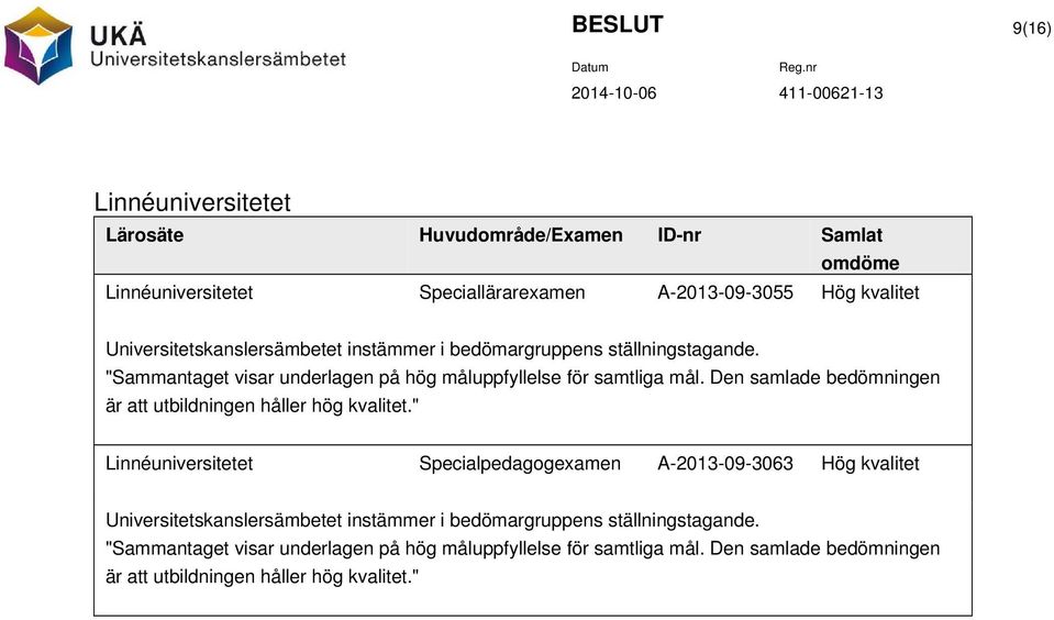 Den samlade bedömningen är att utbildningen håller hög kvalitet.