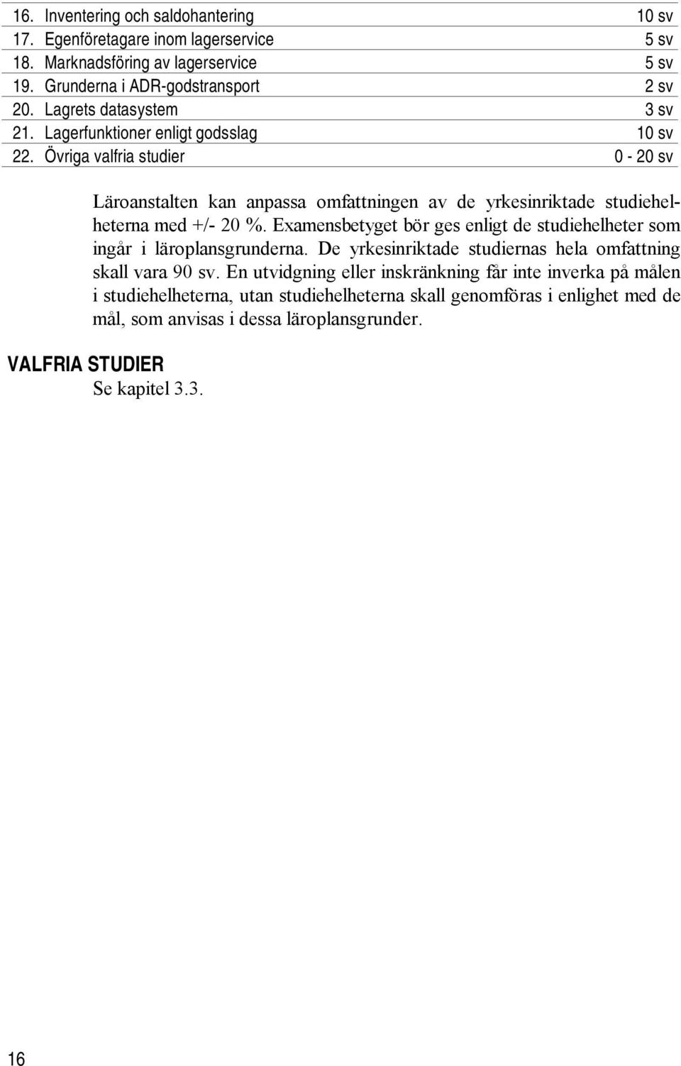 Övriga valfria studier 0-20 sv Läroanstalten kan anpassa omfattningen av de yrkesinriktade studiehelheterna med +/- 20 %.