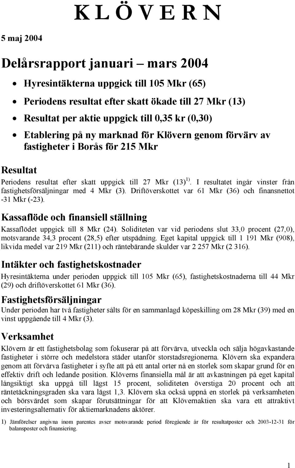 I resultatet ingår vinster från fastighetsförsäljningar med 4 Mkr (3). Driftöverskottet var 61 Mkr (36) och finansnettot -31 Mkr (-23).