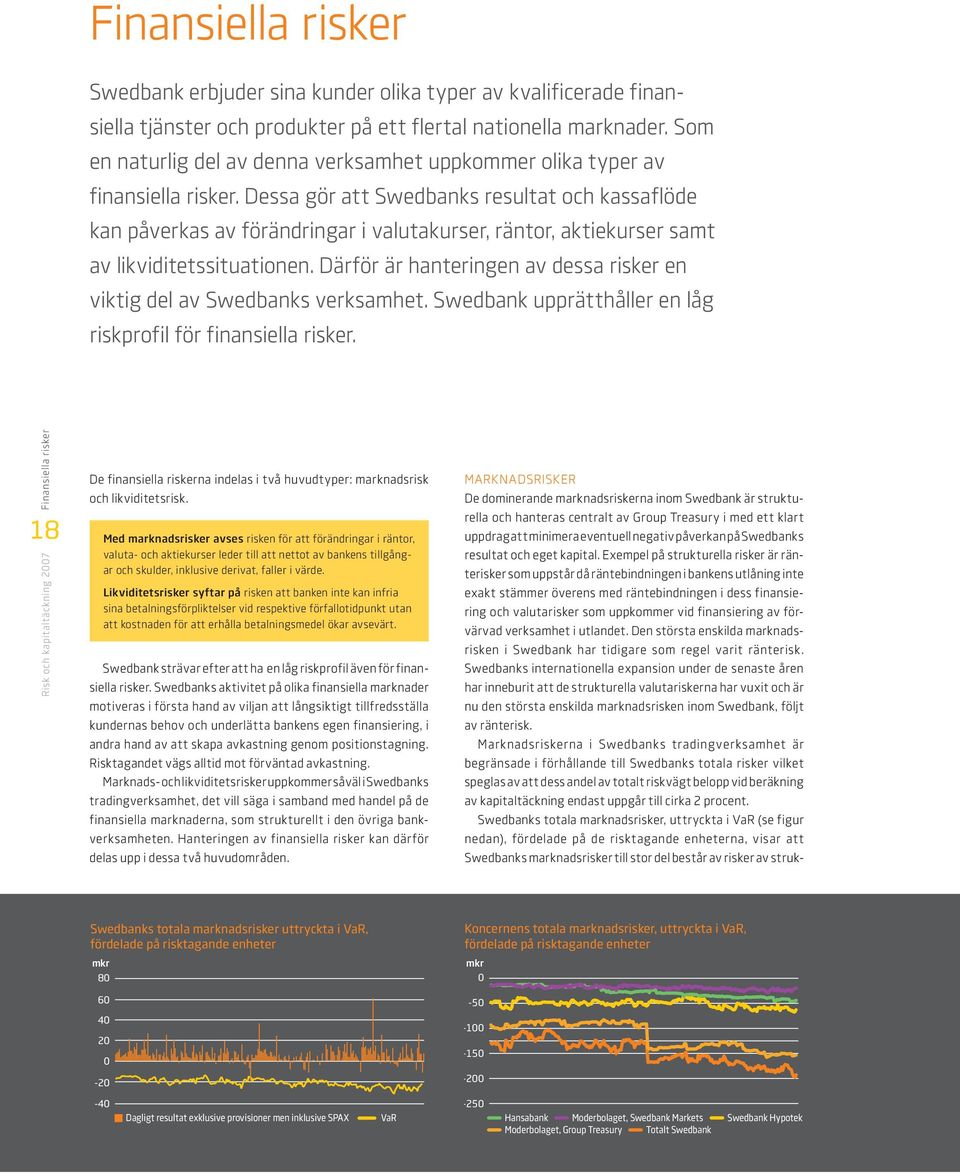 Dessa gör att Swedbanks resultat och kassaflöde kan påverkas av förändringar i valutakurser, räntor, aktiekurser samt av likviditetssituationen.