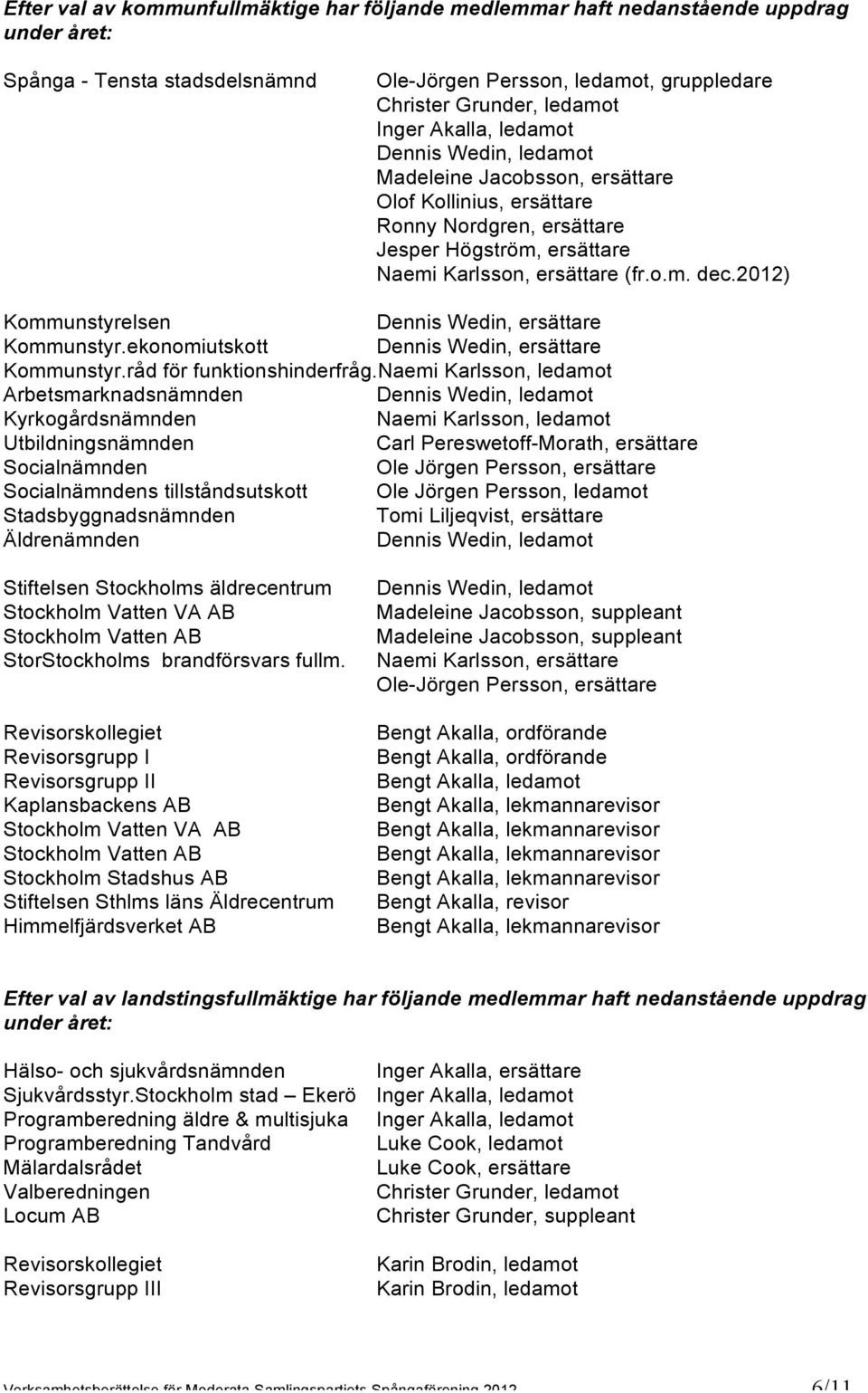 2012) Kommunstyrelsen Dennis Wedin, ersättare Kommunstyr.ekonomiutskott Dennis Wedin, ersättare Kommunstyr.råd för funktionshinderfråg.