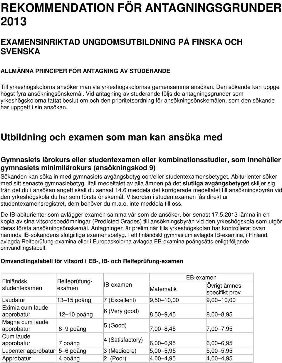 Vid antagning av studerande följs de antagningsgrunder som yrkeshögskolorna fattat beslut om och den prioritetsordning för ansökningsönskemålen, som den sökande har uppgett i sin ansökan.