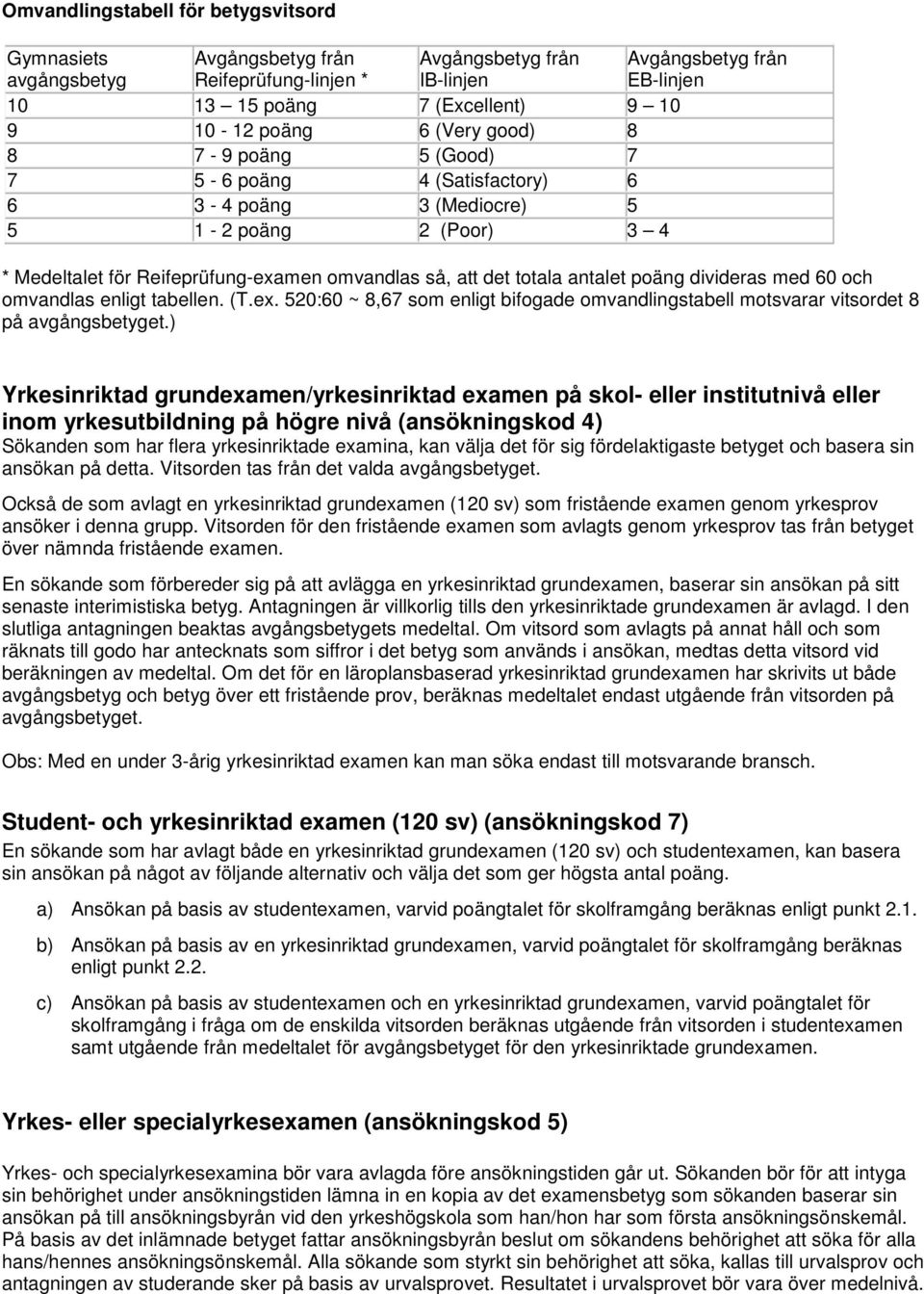 tabellen. (T.ex. 520:60 ~ 8,67 som enligt bifogade omvandlingstabell motsvarar vitsordet 8 på avgångsbetyget.