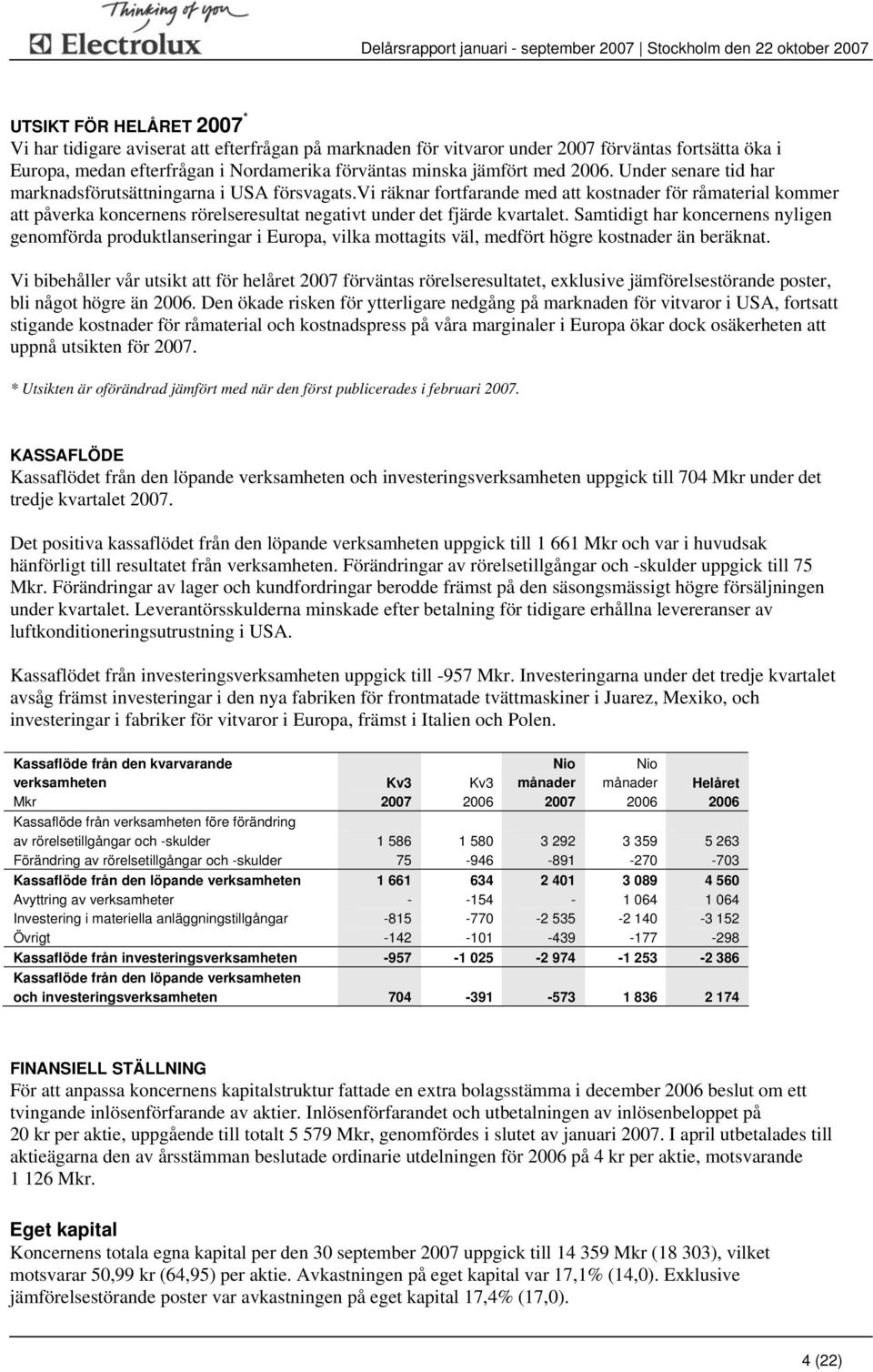 vi räknar fortfarande med att kostnader för råmaterial kommer att påverka koncernens rörelseresultat negativt under det fjärde kvartalet.