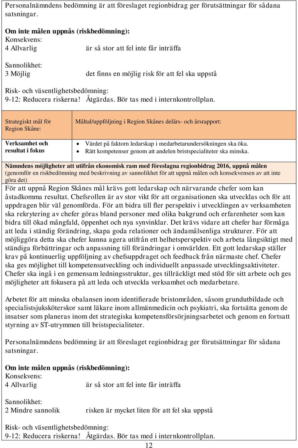 väsentlighetsbedömning: 9-12: Reducera riskerna! Åtgärdas. Bör tas med i internkontrollplan.