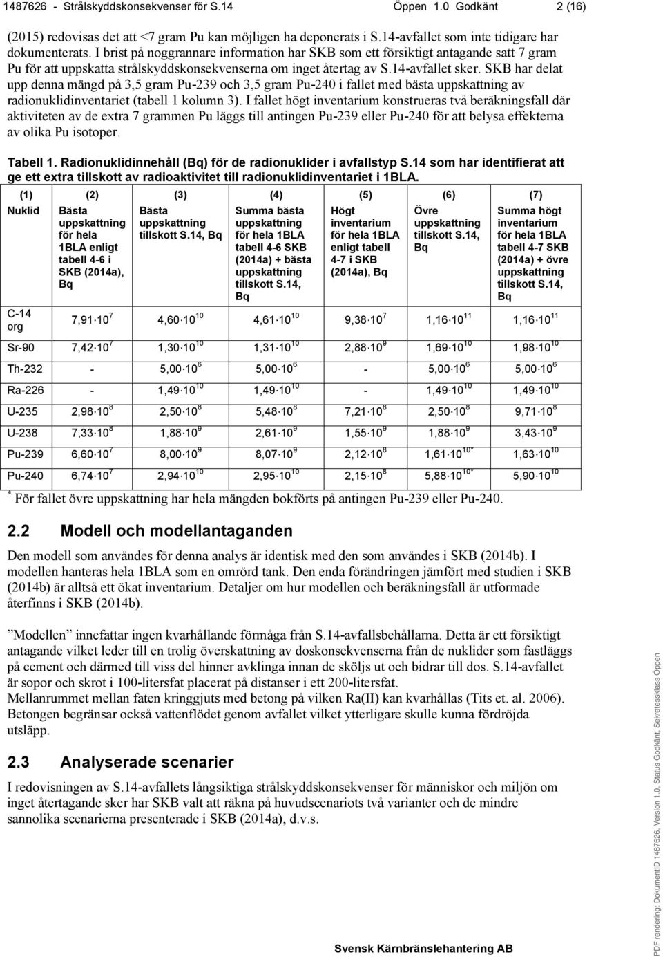 SKB har delat upp denna mängd på 3,5 gram Pu-239 och 3,5 gram Pu-240 i fallet med bästa uppskattning av radionuklidinventariet (tabell 1 kolumn 3).