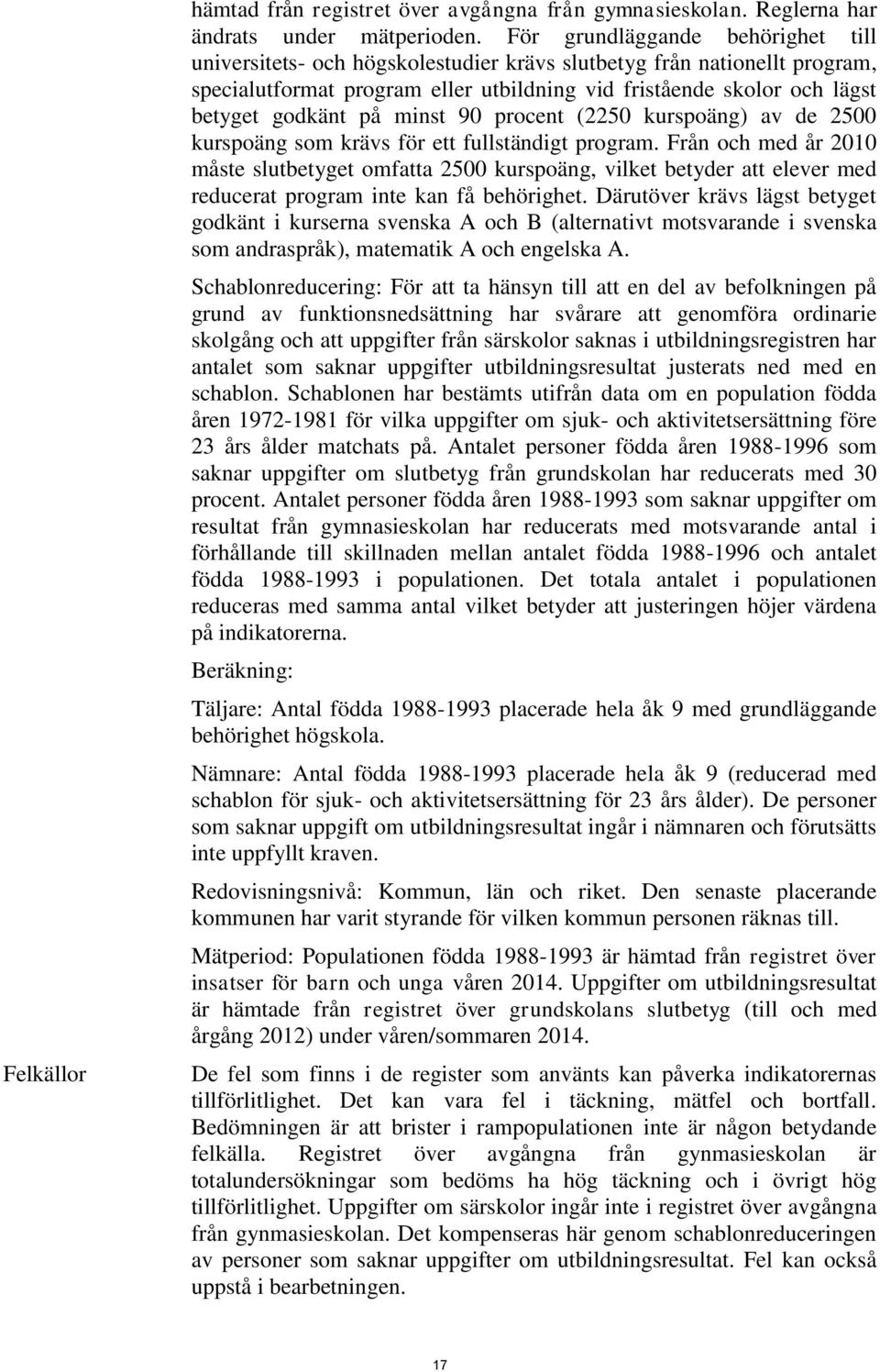 på minst 90 procent (2250 kurspoäng) av de 2500 kurspoäng som krävs för ett fullständigt program.