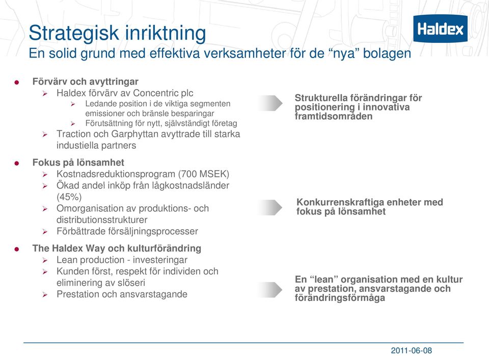 inköp från lågkostnadsländer (45%) Omorganisation av produktions- och distributionsstrukturer Förbättrade försäljningsprocesser The Haldex Way och kulturförändring Lean production - investeringar