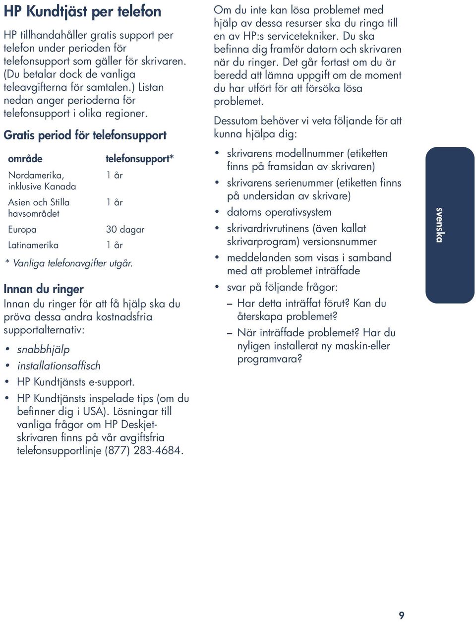 Gratis period för telefonsupport område Nordamerika, inklusive Kanada Asien och Stilla havsområdet Europa Latinamerika * Vanliga telefonavgifter utgår.