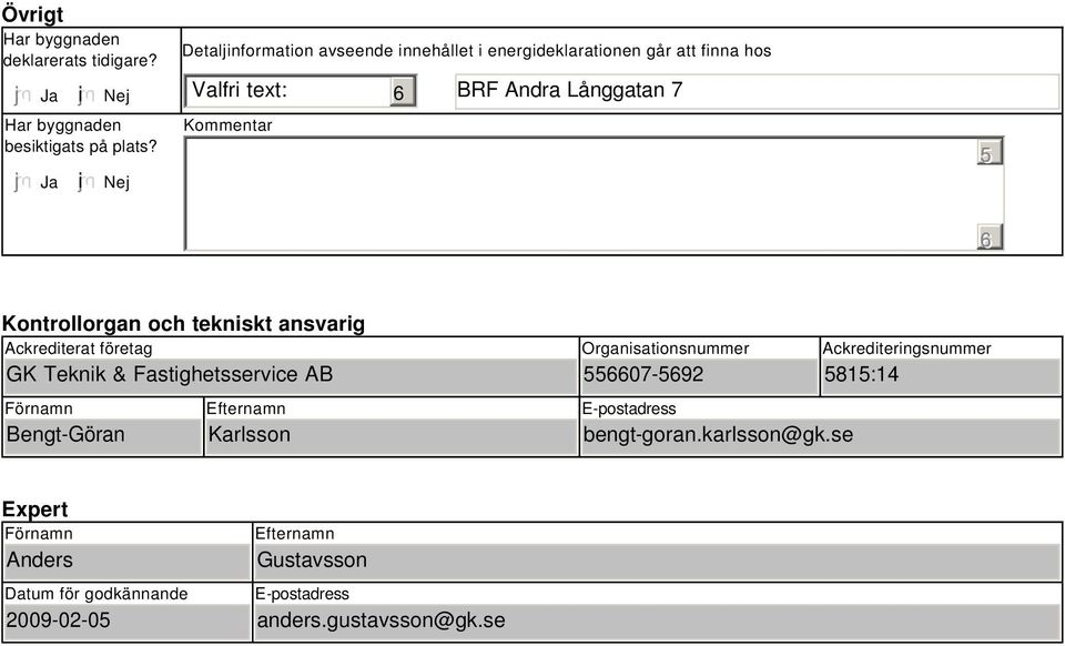 Kontrollorgan och tekniskt ansvarig Ackrediterat företag GK Teknik & Fastighetsservice AB Förnamn Bengt-Göran Efternamn Karlsson