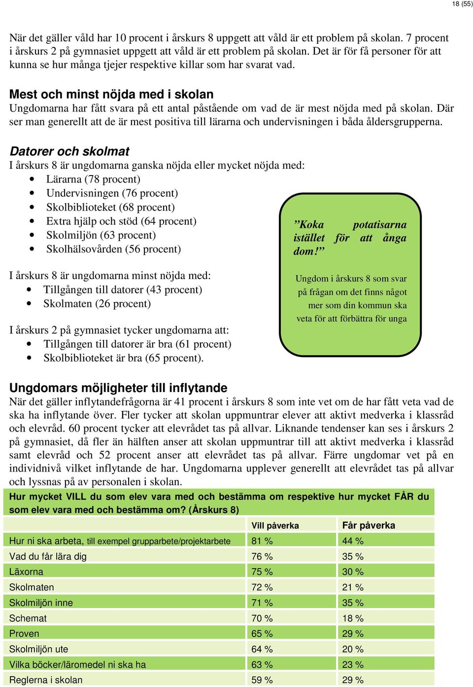 Mest och minst nöjda med i skolan Ungdomarna har fått svara på ett antal påstående om vad de är mest nöjda med på skolan.