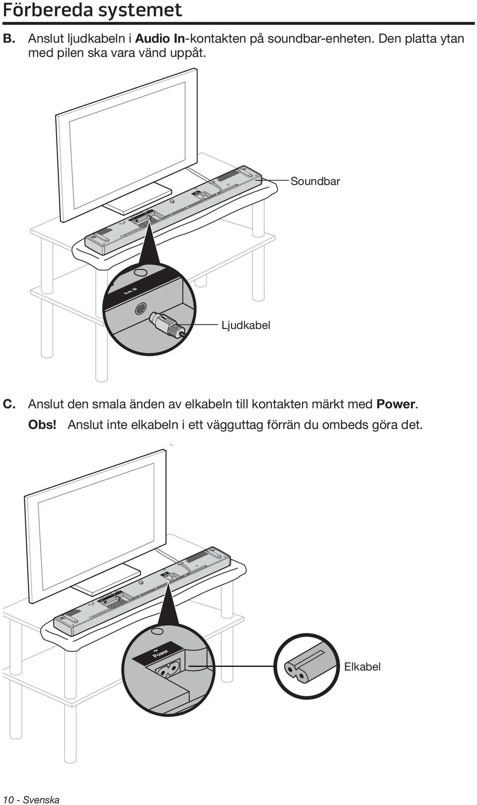 Den platta ytan med pilen ska vara vänd uppåt. Soundbar Ljudkabel C.