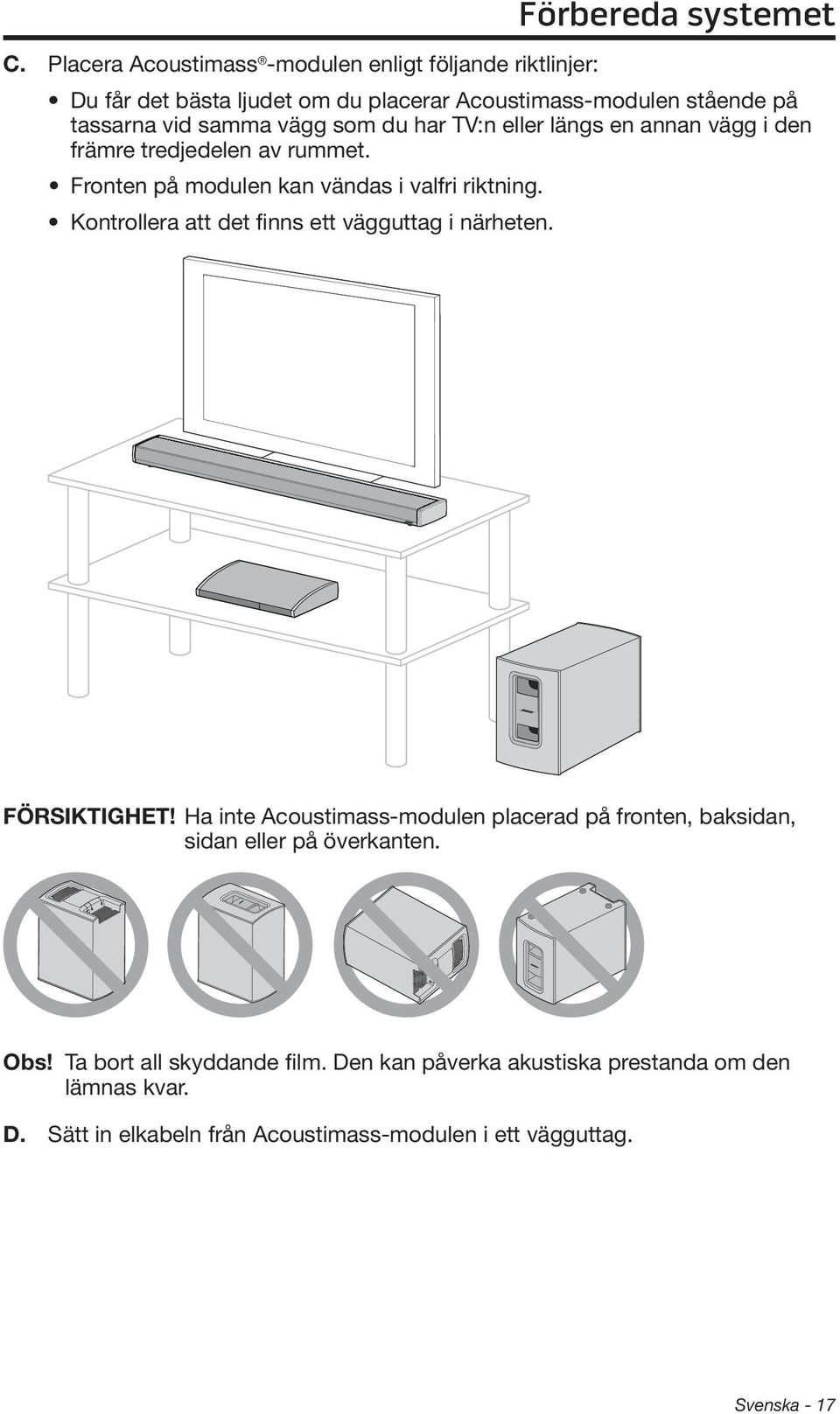 som du har TV:n eller längs en annan vägg i den främre tredjedelen av rummet. Fronten på modulen kan vändas i valfri riktning.