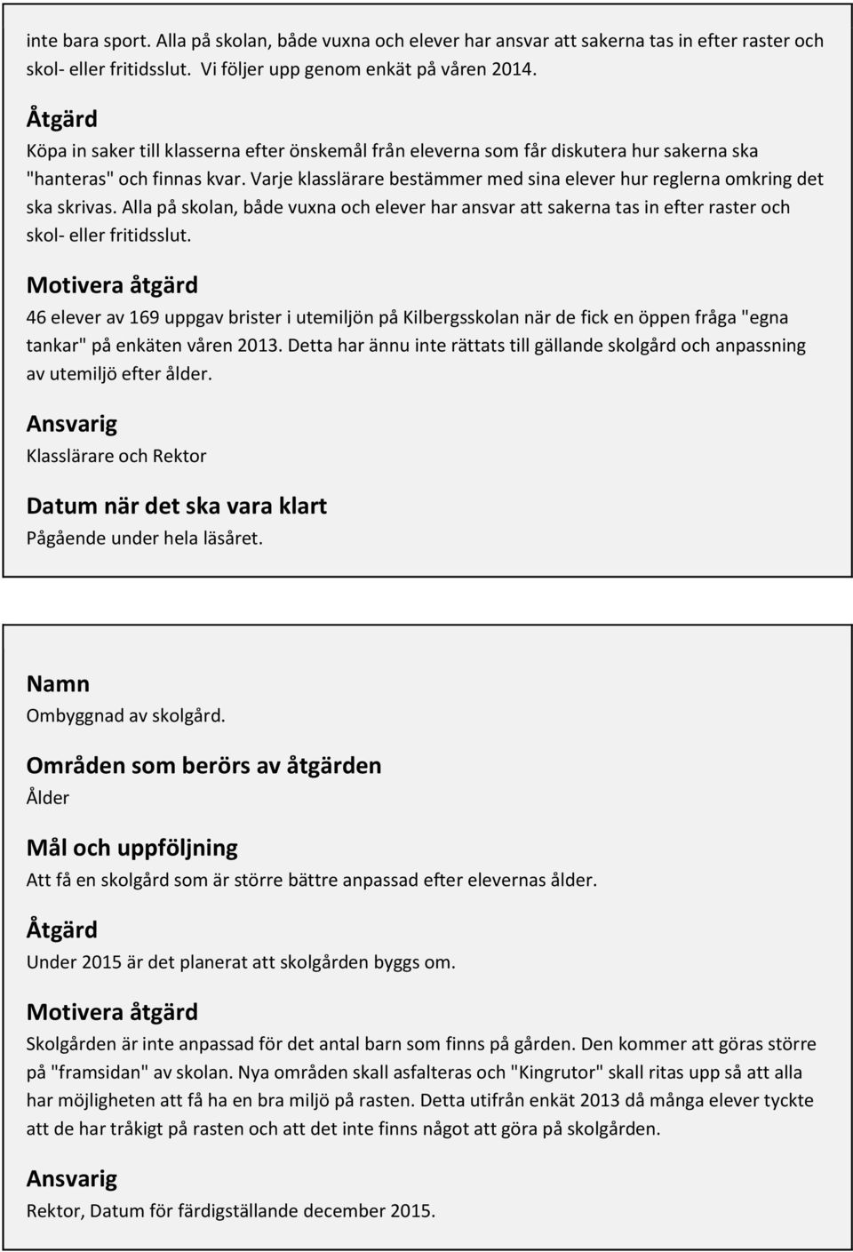 Varje klasslärare bestämmer med sina elever hur reglerna omkring det ska skrivas. Alla på skolan, både vuxna och elever har ansvar att sakerna tas in efter raster och skol- eller fritidsslut.