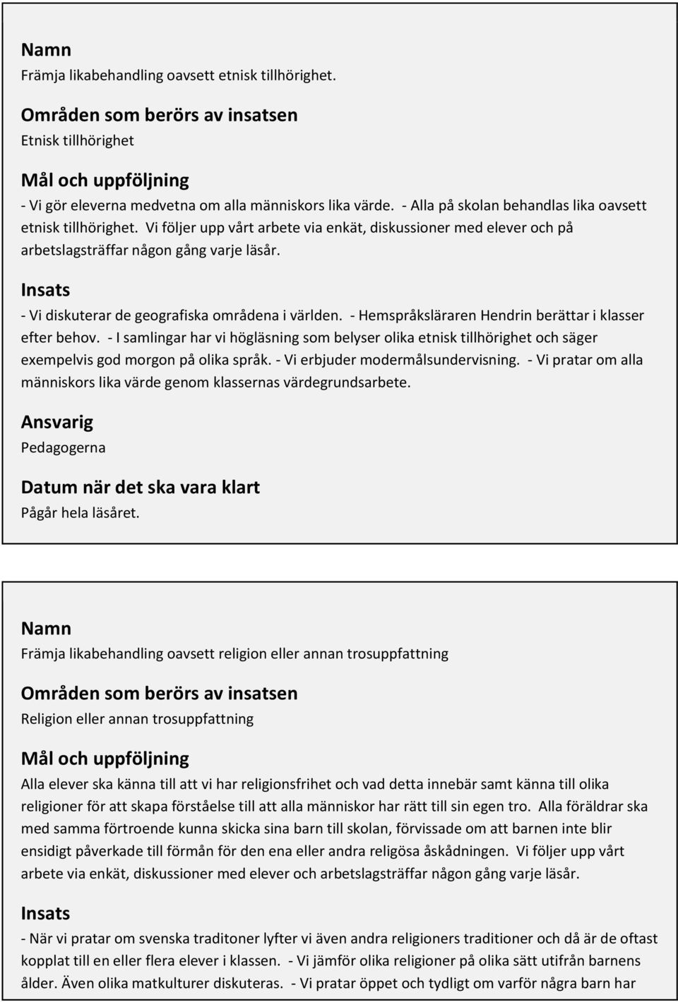 Insats - Vi diskuterar de geografiska områdena i världen. - Hemspråksläraren Hendrin berättar i klasser efter behov.