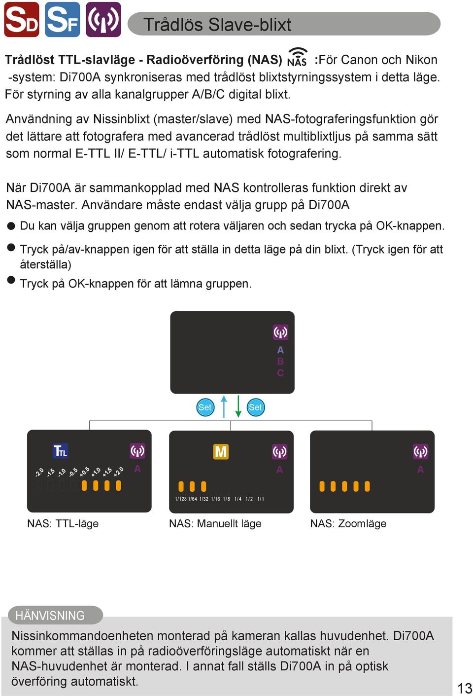 NAS Användning av Nissinblixt (master/slave) med NAS-fotograferingsfunktion gör det lättare att fotografera med avancerad trådlöst multiblixtljus på samma sätt som normal E-TTL II/ E-TTL/ i-ttl