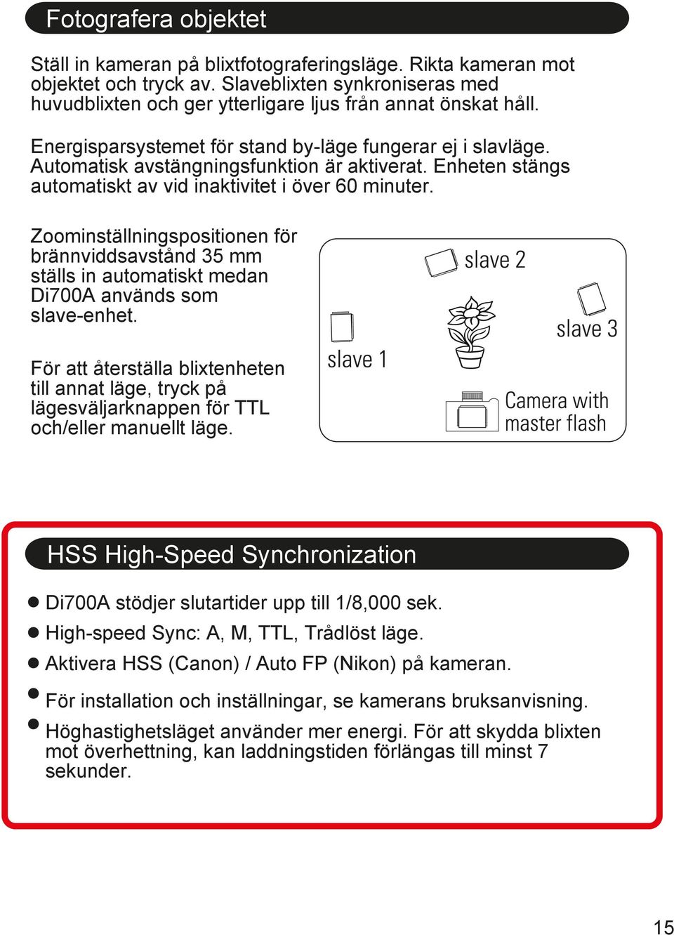 Zoominställningspositionen för brännviddsavstånd 35 mm ställs in automatiskt medan Di700A används som slave-enhet.