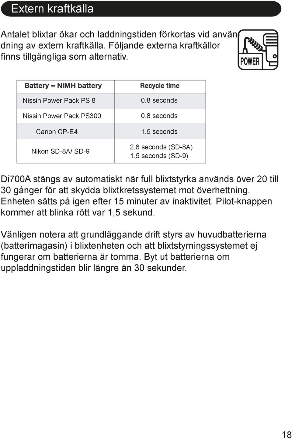 5 seconds (SD-9) Di700A stängs av automatiskt när full blixtstyrka används över 20 till 30 gånger för att skydda blixtkretssystemet mot överhettning.