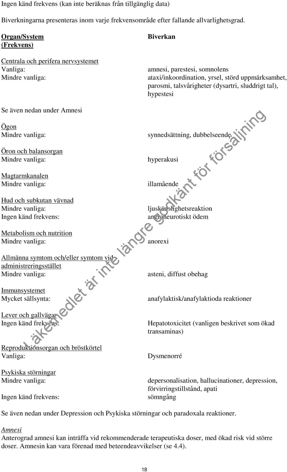 (dysartri, sluddrigt tal), hypestesi Se även nedan under Amnesi Ögon Mindre vanliga: Öron och balansorgan Mindre vanliga: Magtarmkanalen Mindre vanliga: Hud och subkutan vävnad Mindre vanliga: Ingen