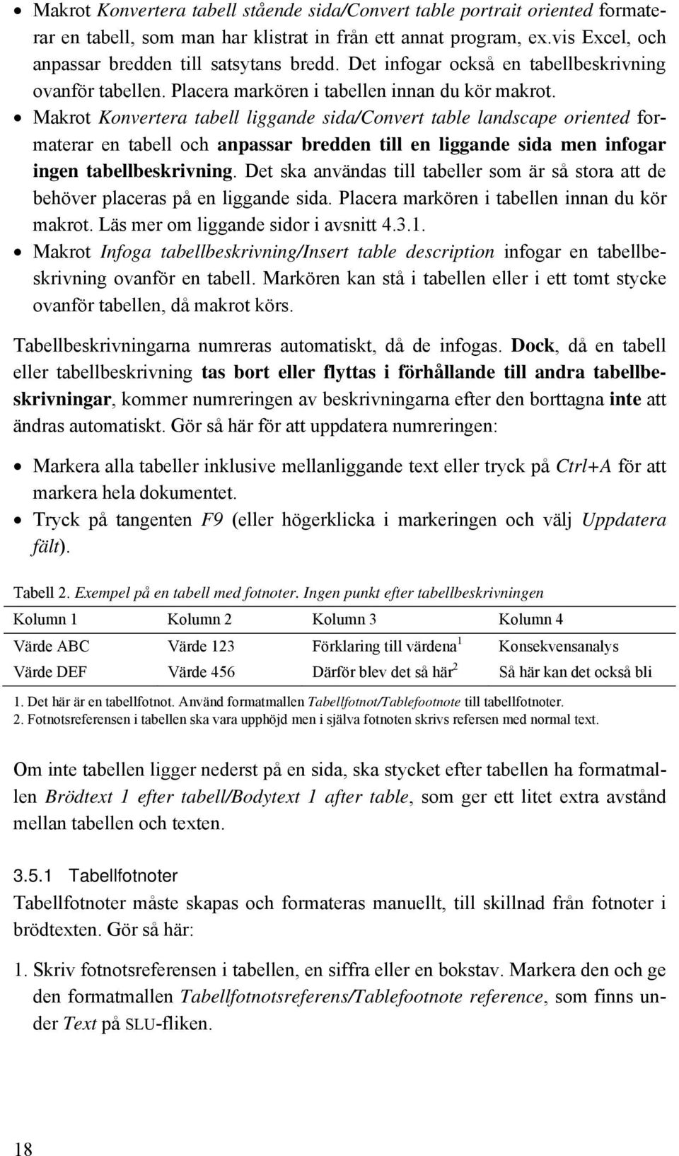 Makrot Konvertera tabell liggande sida/convert table landscape oriented formaterar en tabell och anpassar bredden till en liggande sida men infogar ingen tabellbeskrivning.