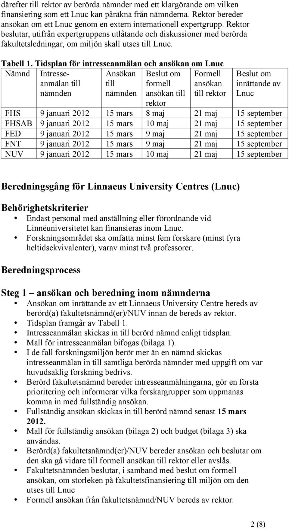 Rektor beslutar, utifrån expertgruppens utlåtande och diskussioner med berörda fakultetsledningar, om miljön skall utses till Lnuc. Tabell 1.