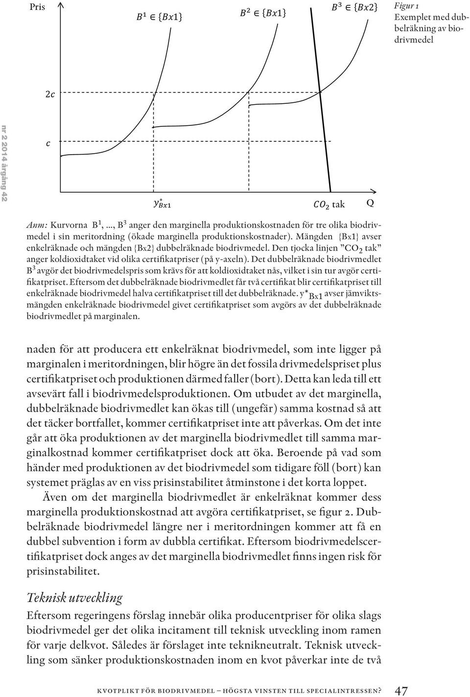 Mängden {Bx1} avser enkelräknade och mängden {Bx2} dubbelräknade biodrivmedel. Den tjocka linjen CO 2 tak anger koldioxidtaket vid olika certifikatpriser (på y-axeln).