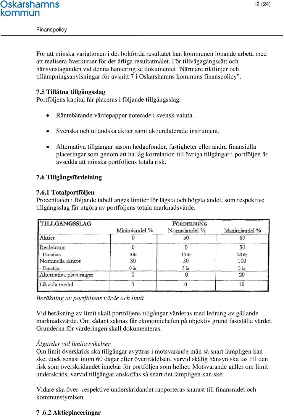 i Oskarshamns kommuns finanspolicy. 7.5 Tillåtna tillgångsslag Portföljens kapital får placeras i följande tillgångsslag: Räntebärande värdepapper noterade i svensk valuta.