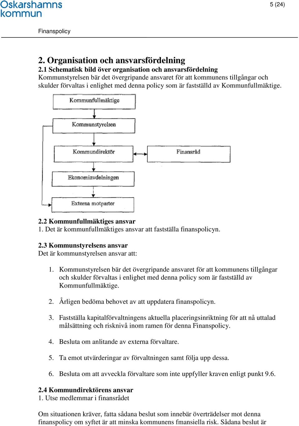 fastställd av Kommunfullmäktige. 2.2 Kommunfullmäktiges ansvar 1. Det är kommunfullmäktiges ansvar att fastställa finanspolicyn. 2.3 Kommunstyrelsens ansvar Det är kommunstyrelsen ansvar att: 1.