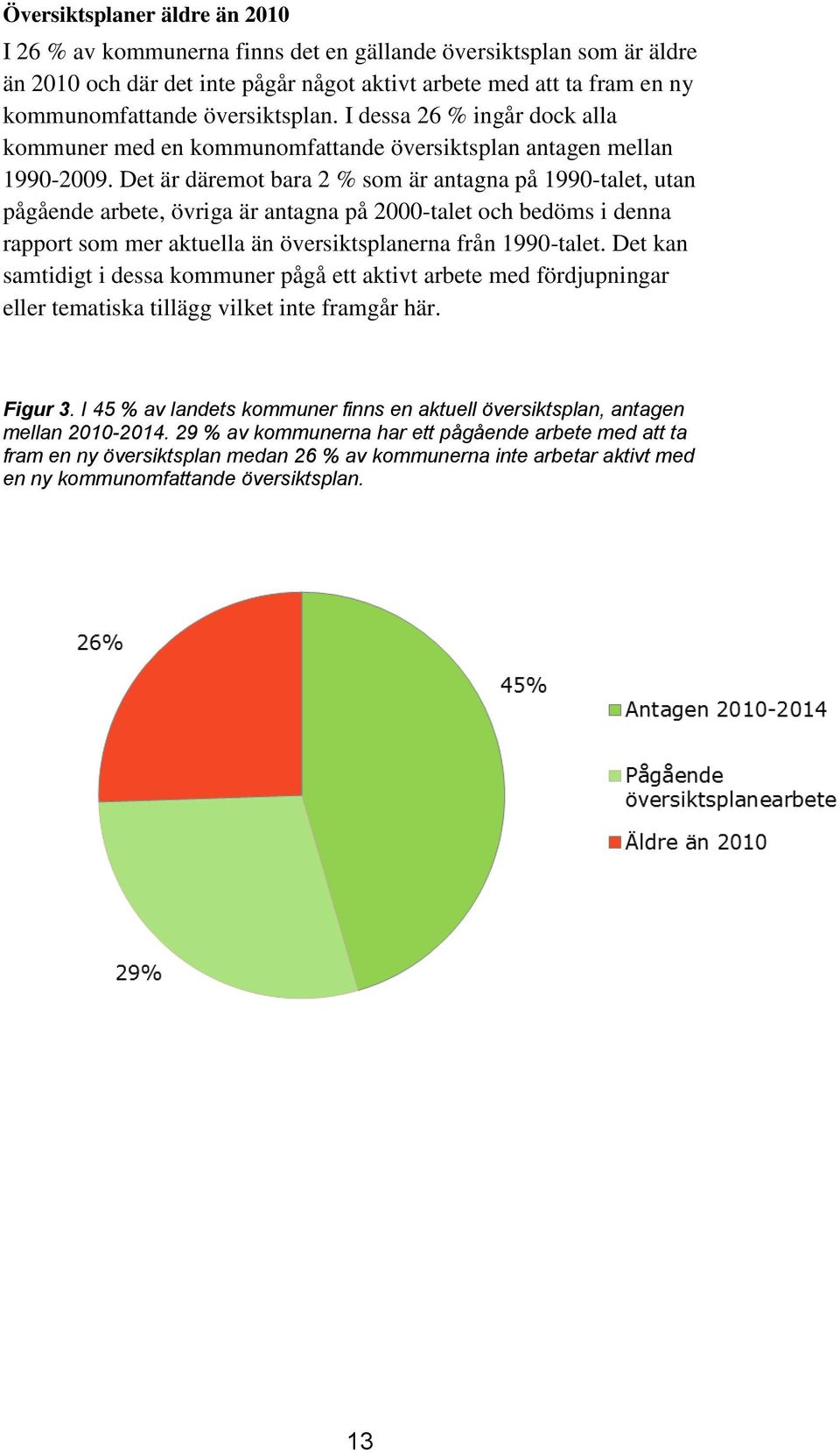 Det är däremot bara 2 % som är antagna på 1990-talet, utan pågående arbete, övriga är antagna på 2000-talet och bedöms i denna rapport som mer aktuella än översiktsplanerna från 1990-talet.