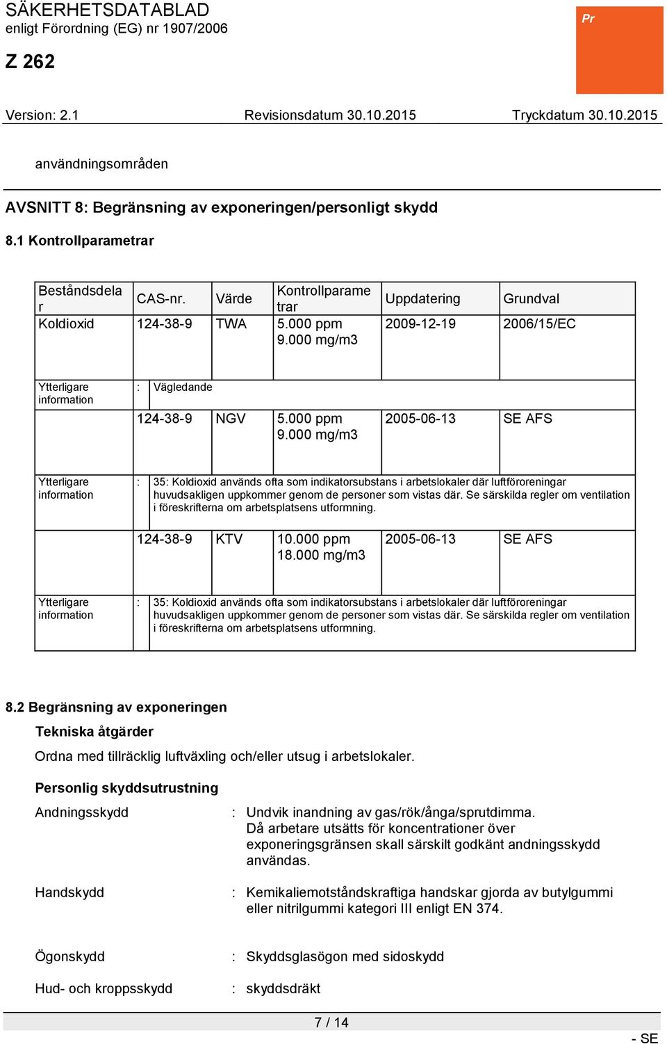 000 mg/m3 2005-06-13 SE AFS Ytterligare information : 35: Koldioxid används ofta som indikatorsubstans i arbetslokaler där luftföroreningar huvudsakligen uppkommer genom de personer som vistas där.