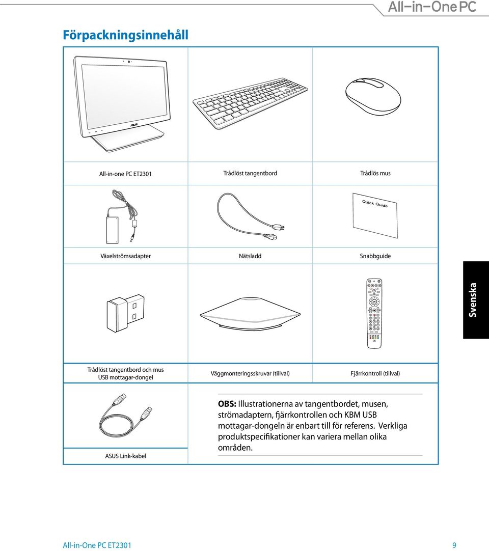 Väggmonteringsskruvar (tillval) Fjärrkontroll (tillval) ASUS Link-kabel OBS: Illustrationerna av tangentbordet, musen,