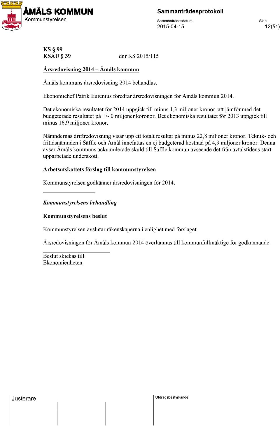 Det ekonomiska resultatet för 2014 uppgick till minus 1,3 miljoner kronor, att jämför med det budgeterade resultatet på +/- 0 miljoner koronor.