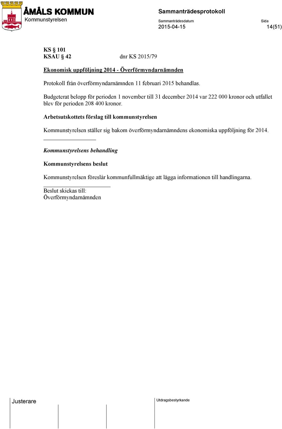 Budgeterat belopp för perioden 1 november till 31 december 2014 var 222 000 kronor och utfallet blev för perioden 208 400