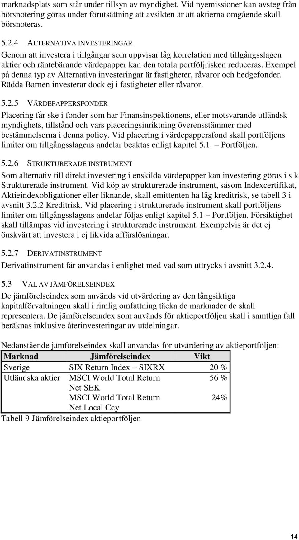 Exempel på denna typ av Alternativa investeringar är fastigheter, råvaror och hedgefonder. Rädda Barnen investerar dock ej i fastigheter eller råvaror. 5.2.