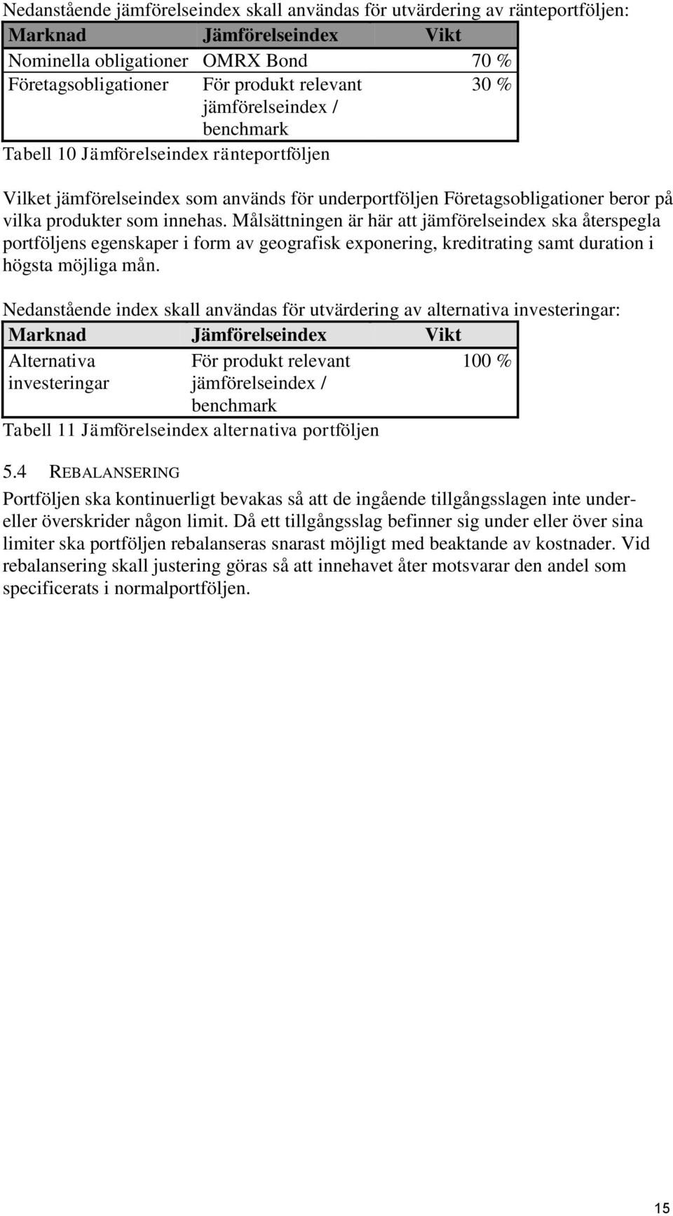 Målsättningen är här att jämförelseindex ska återspegla portföljens egenskaper i form av geografisk exponering, kreditrating samt duration i högsta möjliga mån.