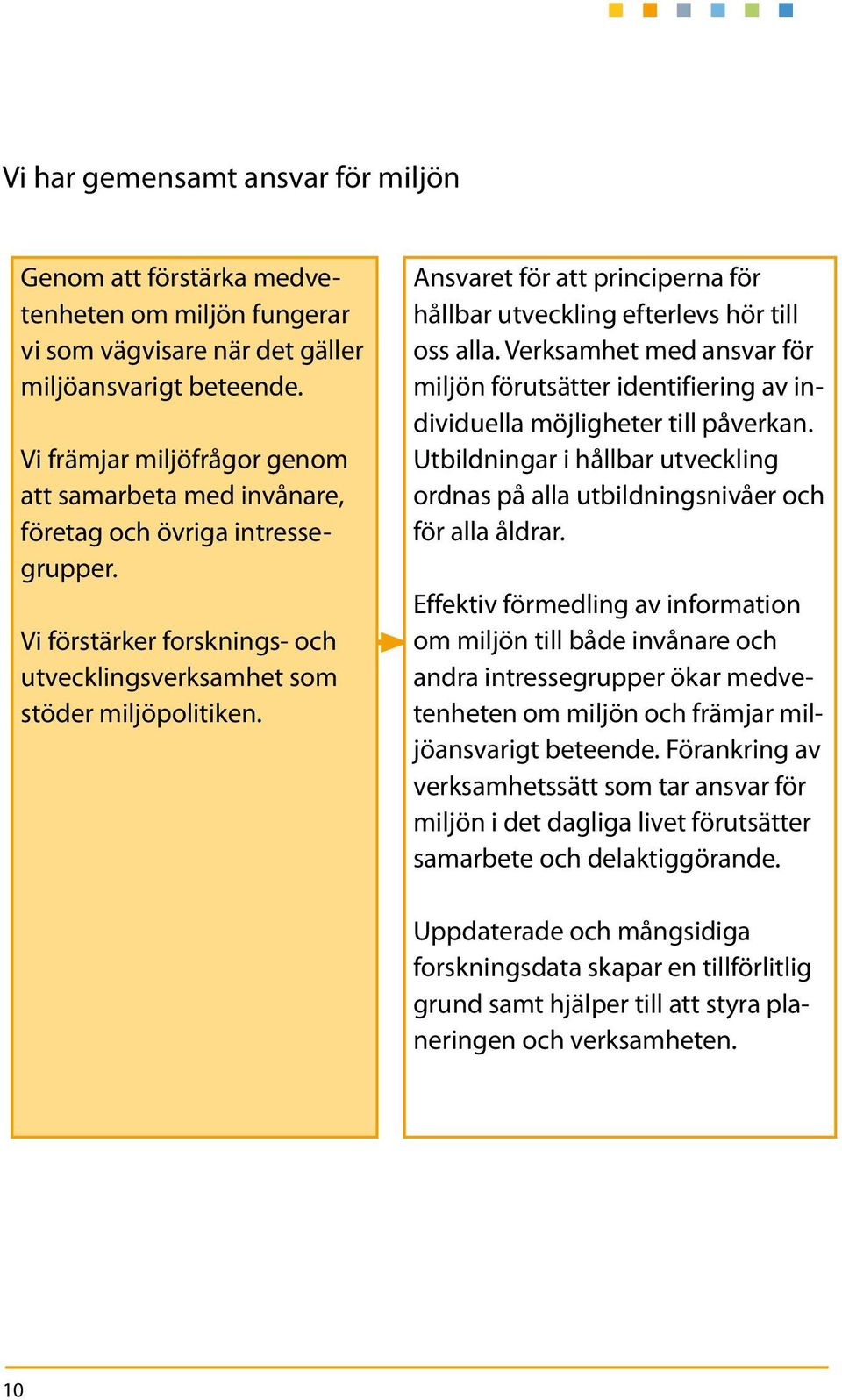 Ansvaret för att principerna för hållbar utveckling efterlevs hör till oss alla. Verksamhet med ansvar för miljön förutsätter identifiering av individuella möjligheter till påverkan.