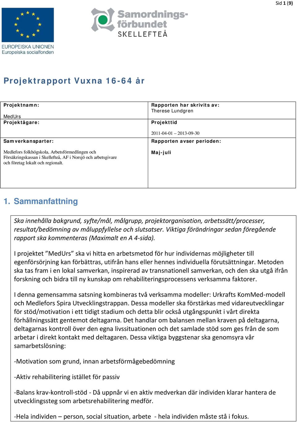 Sammanfattning Ska innehålla bakgrund, syfte/mål, målgrupp, projektorganisation, arbetssätt/processer, resultat/bedömning av måluppfyllelse och slutsatser.