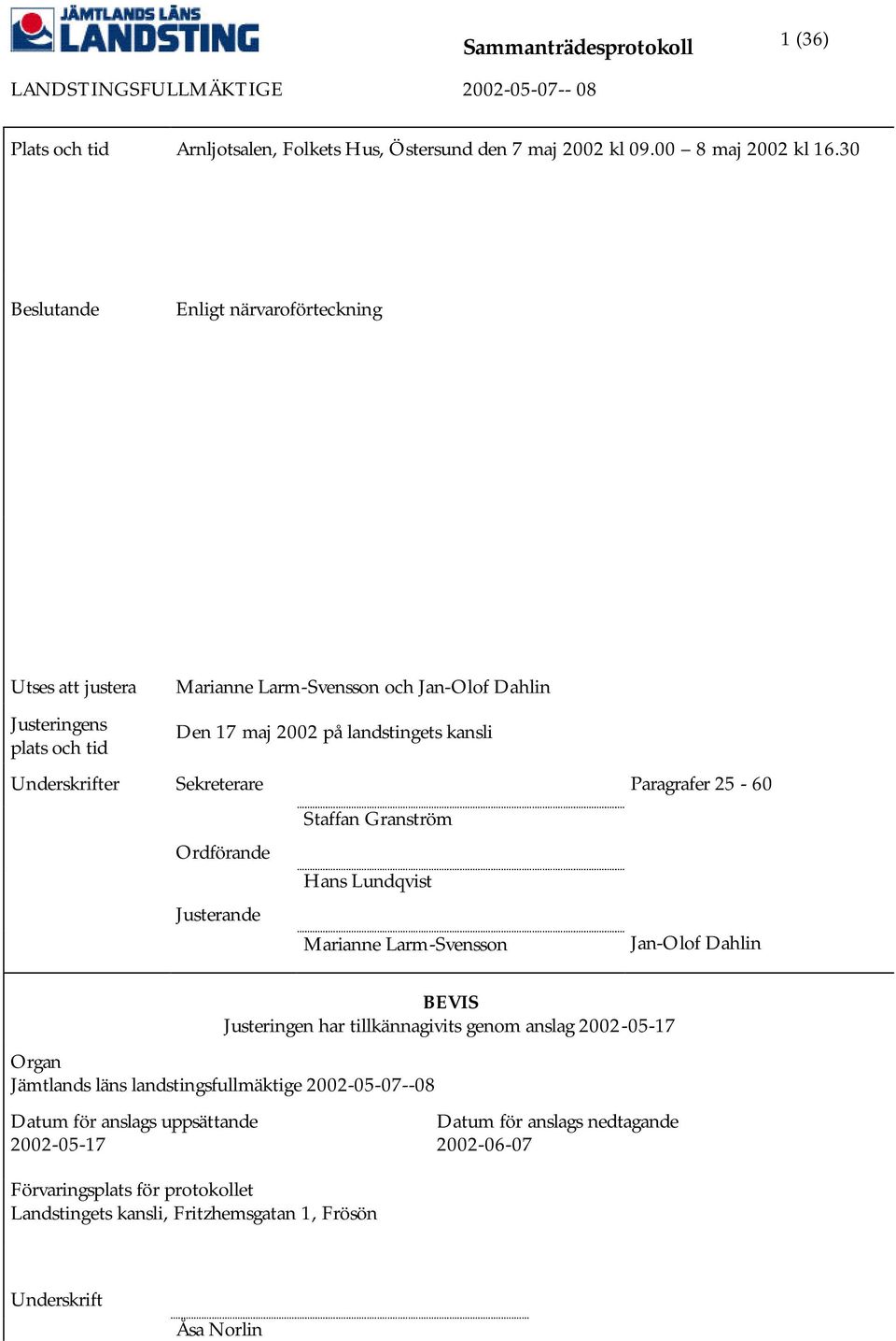 Sekreterare Paragrafer 25-60 Ordförande Justerande Staffan Granström Hans Lundqvist Marianne Larm-Svensson BEVIS Justeringen har tillkännagivits genom anslag 2002-05-17 Organ Jämtlands läns