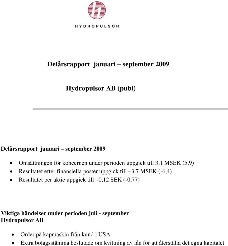 (-6,4) Resultatet per aktie uppgick till 0,12 SEK (-0,77) Viktiga händelser under perioden juli - september