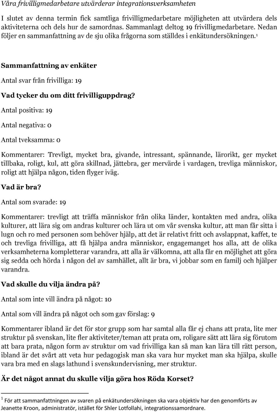 1 Sammanfattning av enkäter Antal svar från frivilliga: 19 Vad tycker du om ditt frivilliguppdrag?