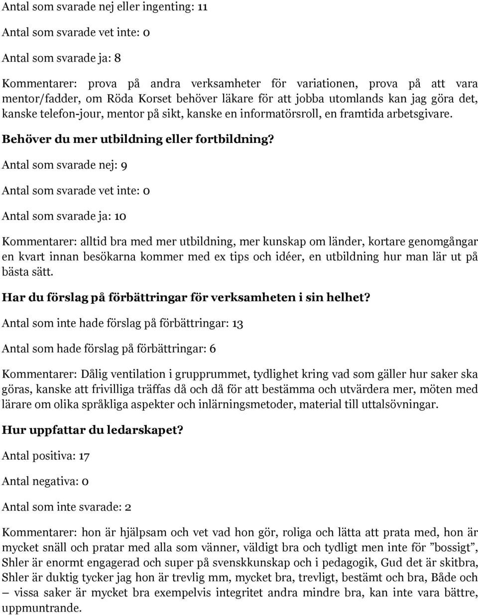 Antal som svarade nej: 9 Antal som svarade vet inte: 0 Antal som svarade ja: 10 Kommentarer: alltid bra med mer utbildning, mer kunskap om länder, kortare genomgångar en kvart innan besökarna kommer