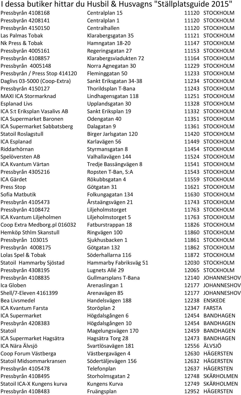 Klarabergsviadukten 72 11164 STOCKHOLM Pressbyrån 4005148 Norra Agnegatan 30 11229 STOCKHOLM Pressbyrån / Press Stop 414120 Fleminggatan 50 11233 STOCKHOLM Daglivs 03-5000 (Coop- Extra) Sankt