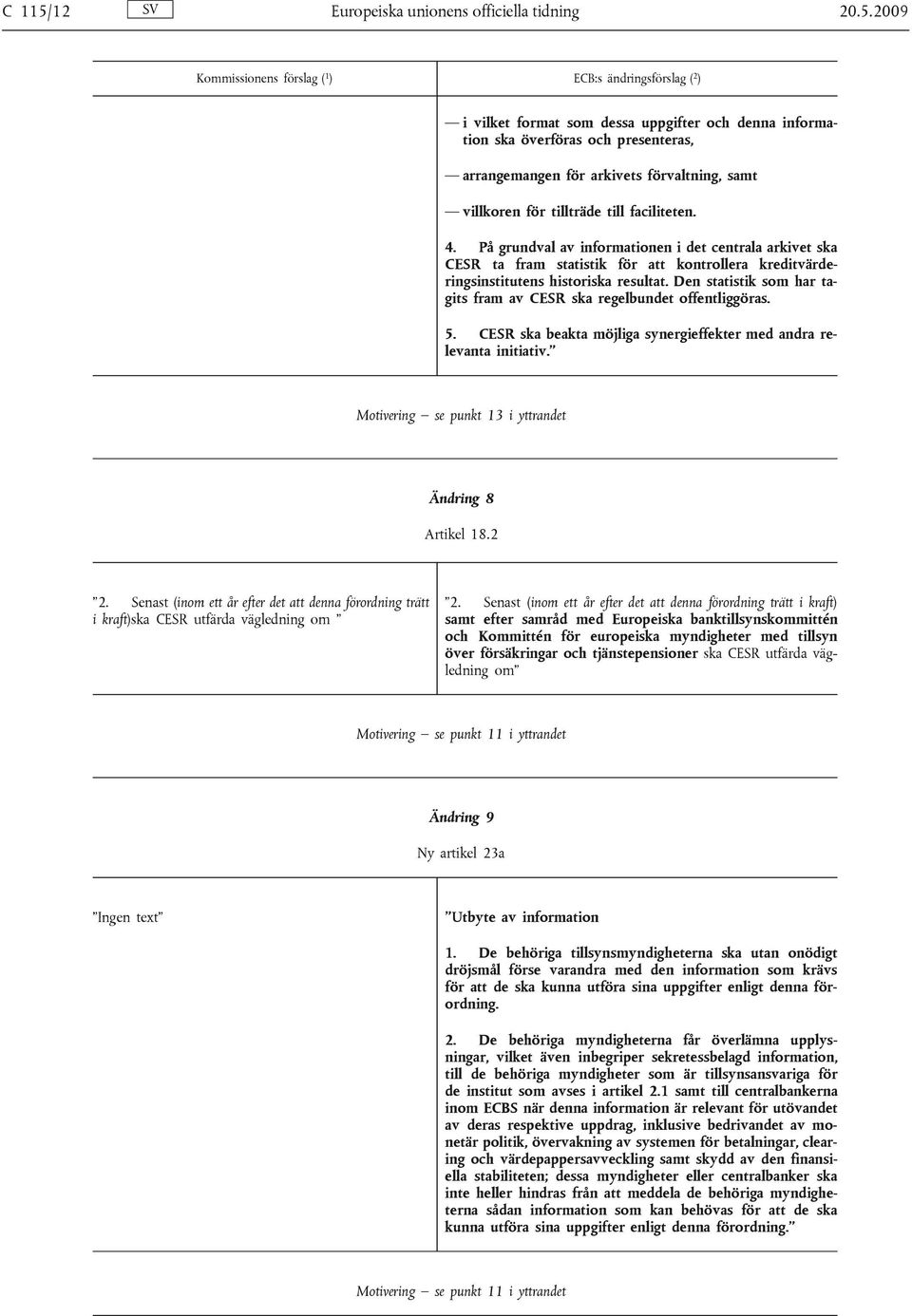 2009 Kommissionens förslag ( 1 ) ECB:s ändringsförslag ( 2 ) i vilket format som dessa uppgifter och denna information ska överföras och presenteras, arrangemangen för arkivets förvaltning, samt