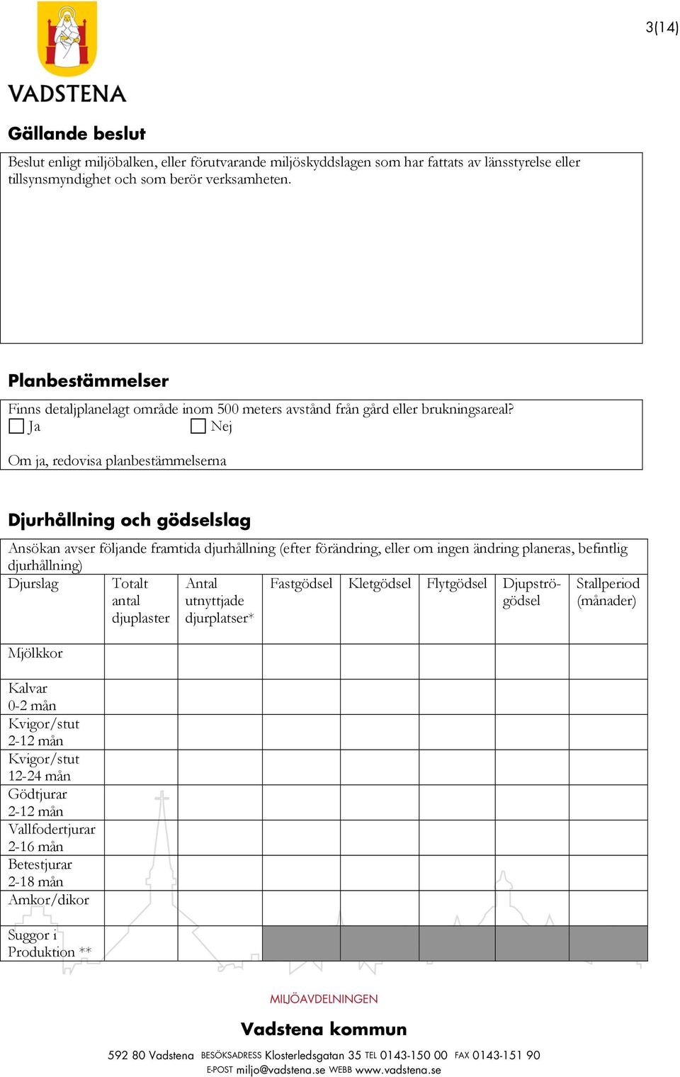 Ja Om ja, redovisa planbestämmelserna Djurhållning och gödselslag Ansökan avser följande framtida djurhållning (efter förändring, eller om ingen ändring planeras, befintlig djurhållning)