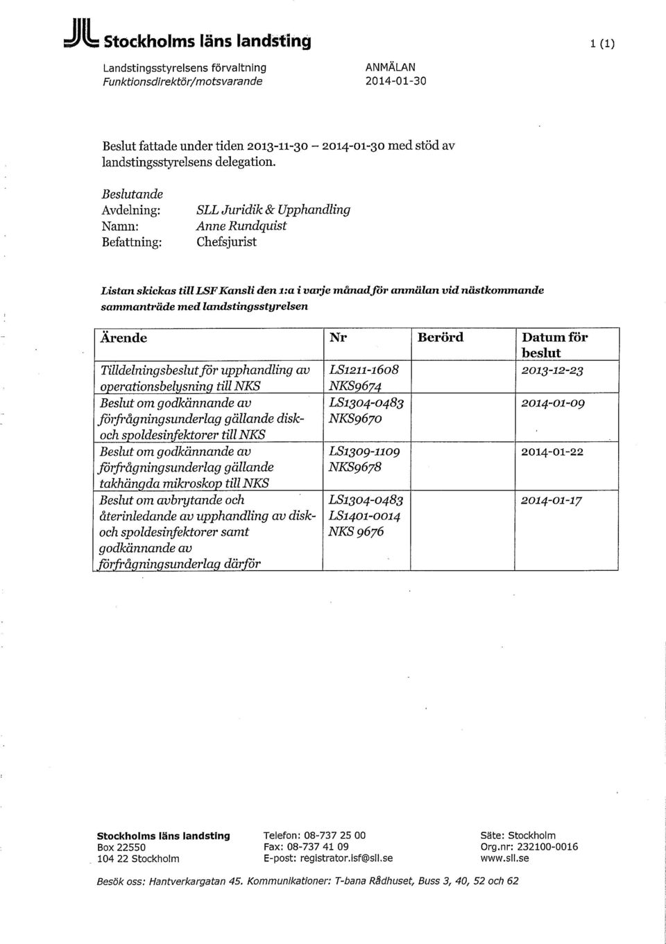 av LS1211-1608 2013-12-23 operationsbelysning till NKS NKS9674 förfrågningsunderlag gällande diskoch spoldesinfektorer till NKS LS1304-0483 NKS9670 2014-01-09 förfrågningsunderlag gällande takhängda