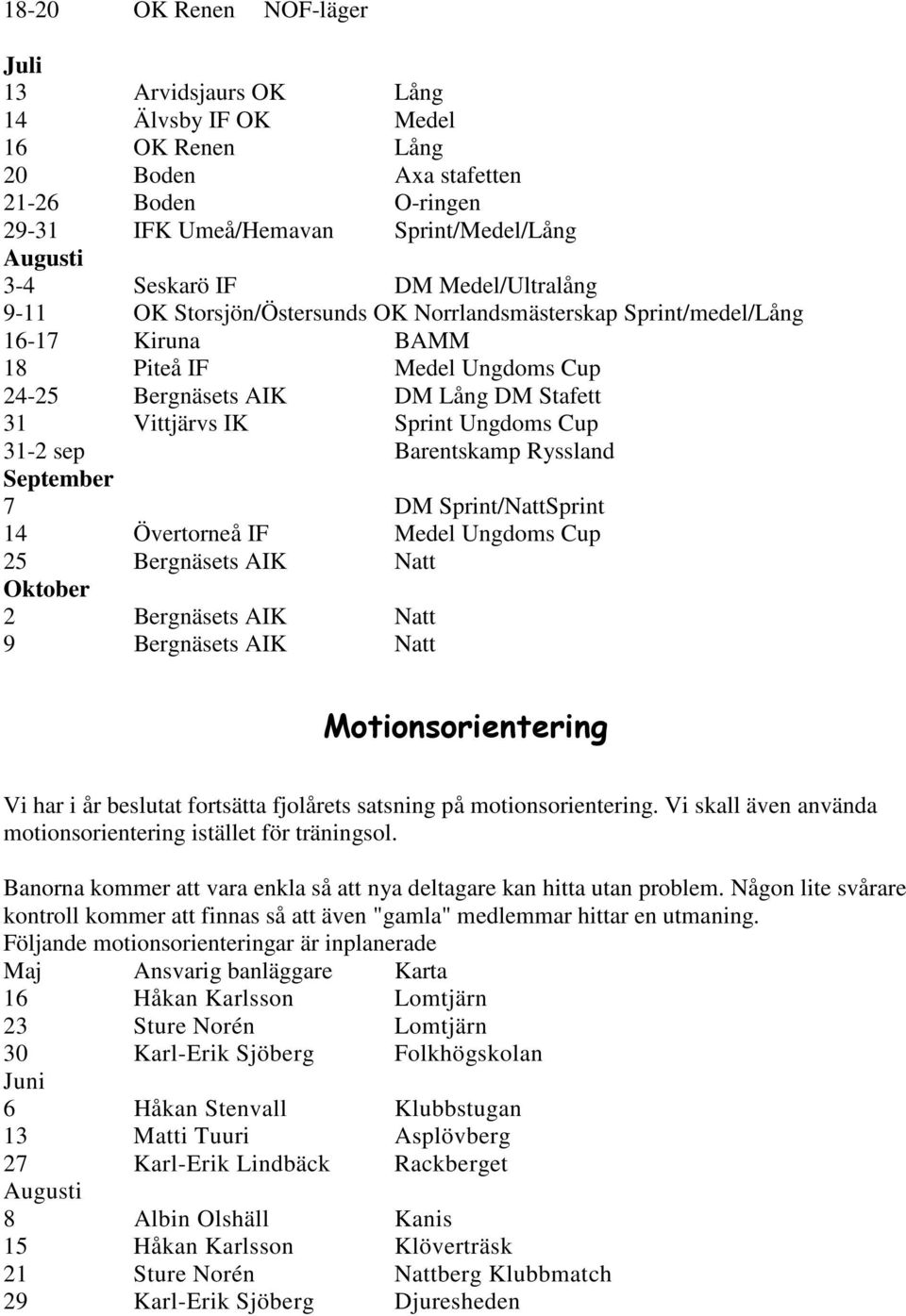 Ungdoms Cup 31-2 sep Barentskamp Ryssland September 7 DM Sprint/NattSprint 14 Övertorneå IF Medel Ungdoms Cup 25 Bergnäsets AIK Natt Oktober 2 Bergnäsets AIK Natt 9 Bergnäsets AIK Natt