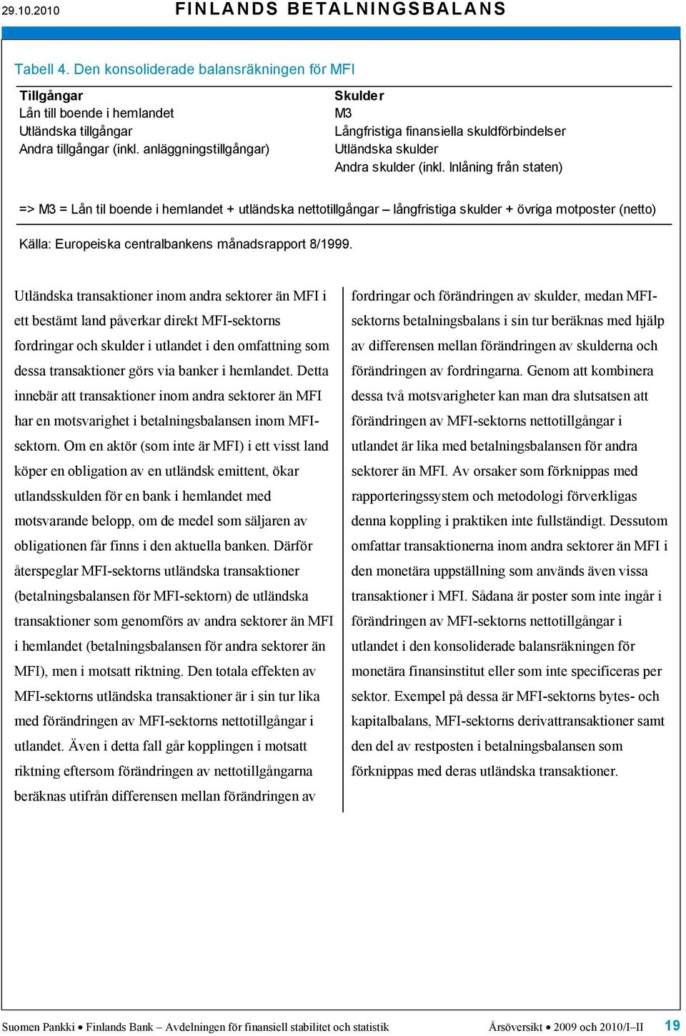 Inlåning från staten) => M3 = Lån til boende i hemlandet + utländska nettotillgångar långfristiga skulder + övriga motposter (netto) Källa: Europeiska centralbankens månadsrapport 8/1999.