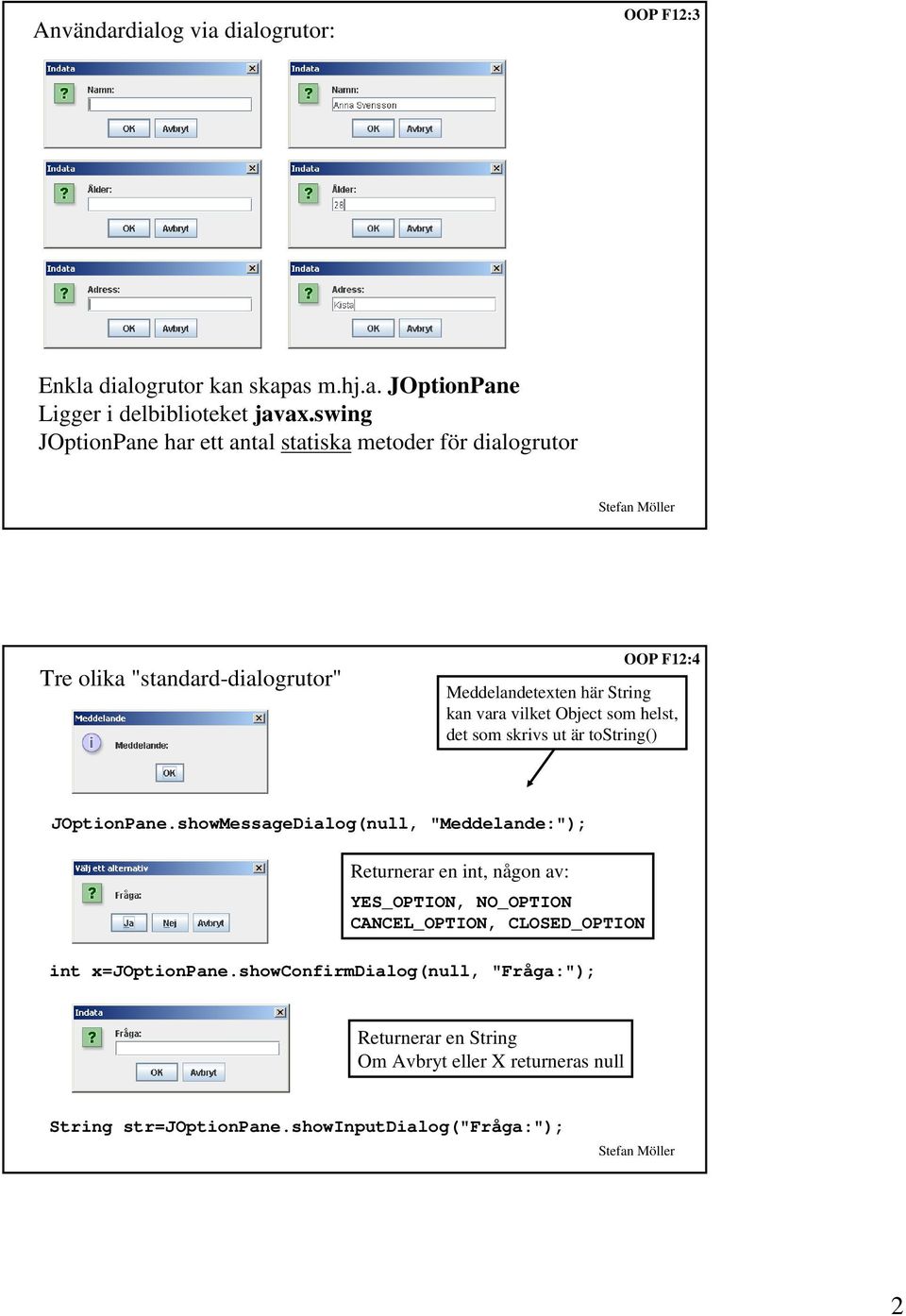 Object som helst, det som skrivs ut är tostring() JOptionPane.